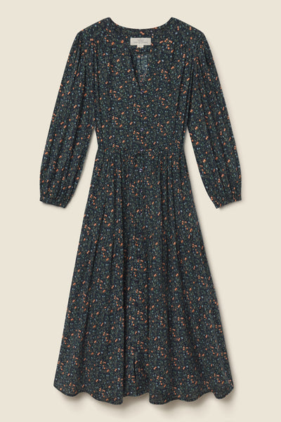Navy floral midi dress with a v-neckline, self-tie waist, and 3/4 balloon sleeves, featuring hidden side pockets.