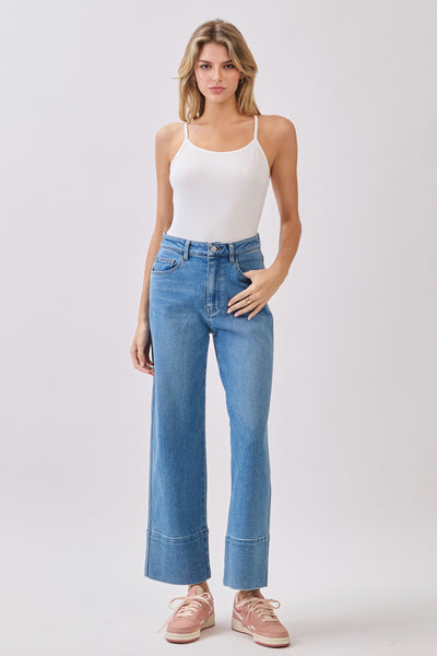 Mia Straight Leg Jean in medium-wash blue denim with high rise, straight leg fit, and clean tall hem detail