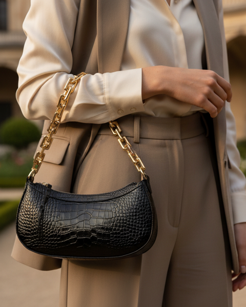 Black Croc printed leather half moon handbag made in Italy with gold chain handle and zip top on the arm of a fashionable woman