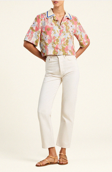 Thia Tarsila Bloom Shirt with floral print, cropped fit, short sleeves, button front, and crocheted collar trim