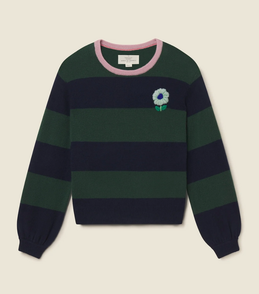 Ryann 100% Cashmere Sweater Navy Green Stripe