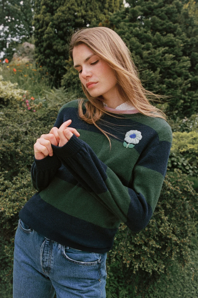Ryann 100% Cashmere Sweater Navy Green Stripe