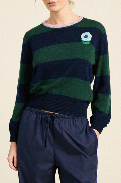 Ryann 100% Cashmere Sweater Navy Green Stripe