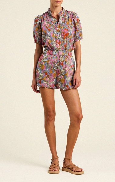 Lucille Cotton Floral Short in blue multi cotton voile with pull-on waistband, ruffle trim, curved seams, and side pockets