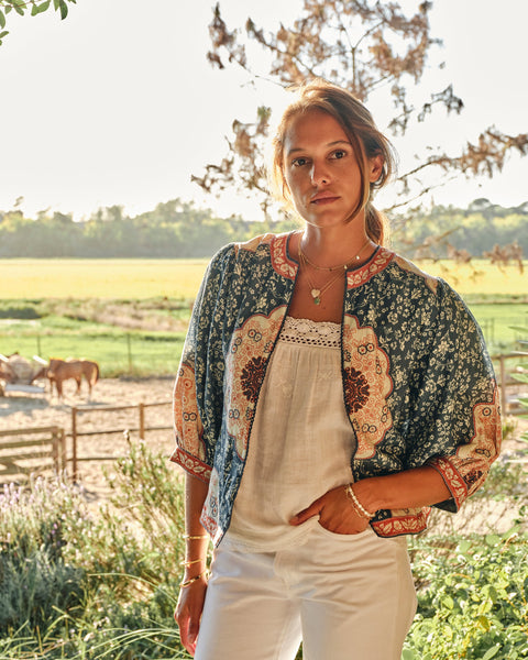 Ursa Print Embroidered Jacket in indigo cotton-silk with floral geometric print, 3/4 sleeves, striped lining and pockets