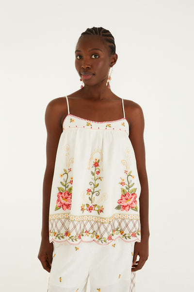 Off White Flower Embroidery Sleeveless Blouse