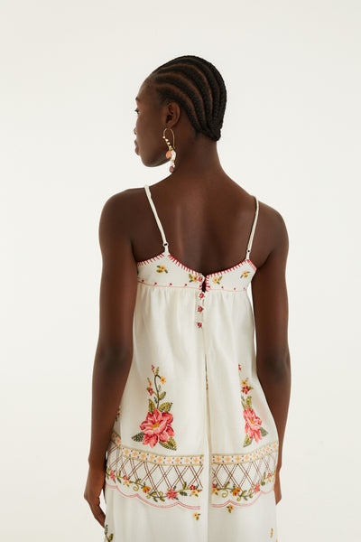 Off White Flower Embroidery Sleeveless Blouse