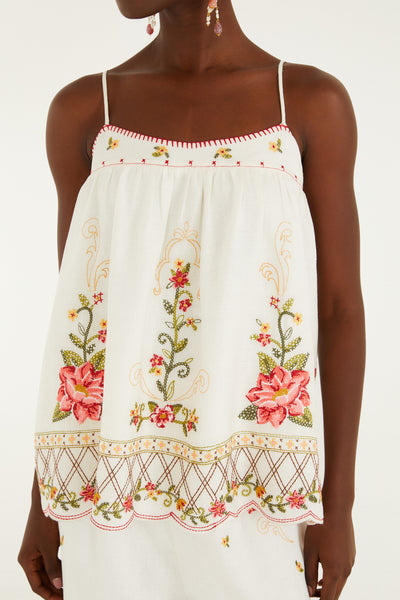 Off White Flower Embroidery Sleeveless Blouse