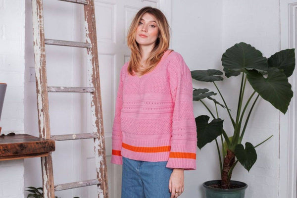 Cara & The Sky - Judith Pointelle Stitch V Neck Jumper - Pink,Cara & The Sky - Shopidpearl