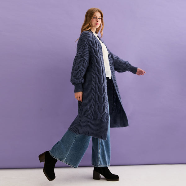 Cara & The Sky - Alex Cable Balloon Sleeve Maxi Cardigan - Denim,Cara & The Sky - Shopidpearl