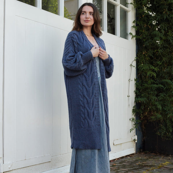 Cara & The Sky - Alex Cable Balloon Sleeve Maxi Cardigan - Denim,Cara & The Sky - Shopidpearl