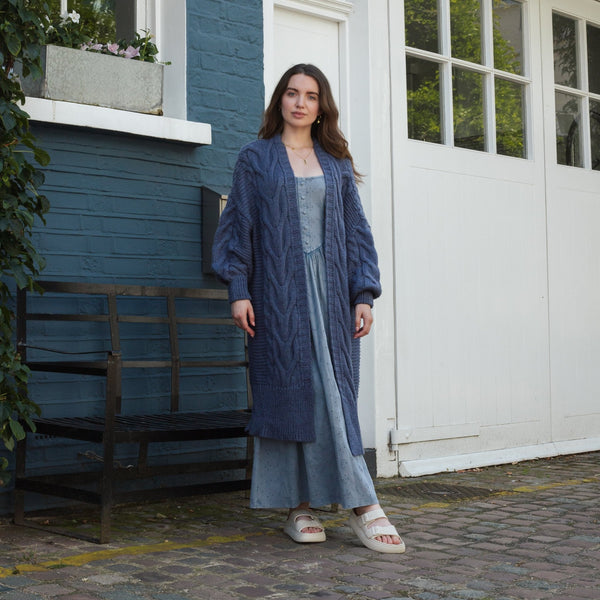 Cara & The Sky - Alex Cable Balloon Sleeve Maxi Cardigan - Denim,Cara & The Sky - Shopidpearl