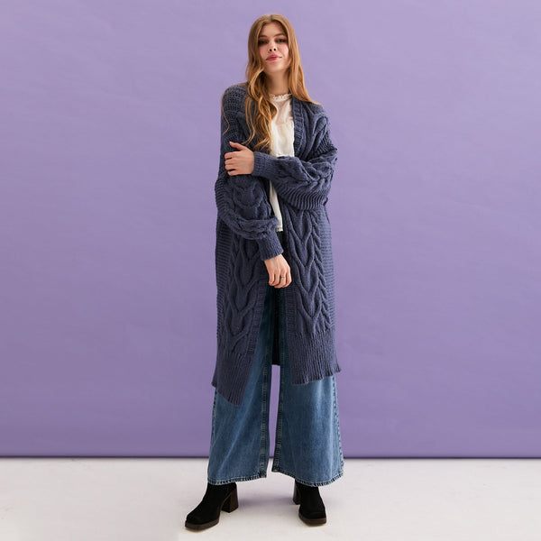 Cara & The Sky - Alex Cable Balloon Sleeve Maxi Cardigan - Denim,Cara & The Sky - Shopidpearl