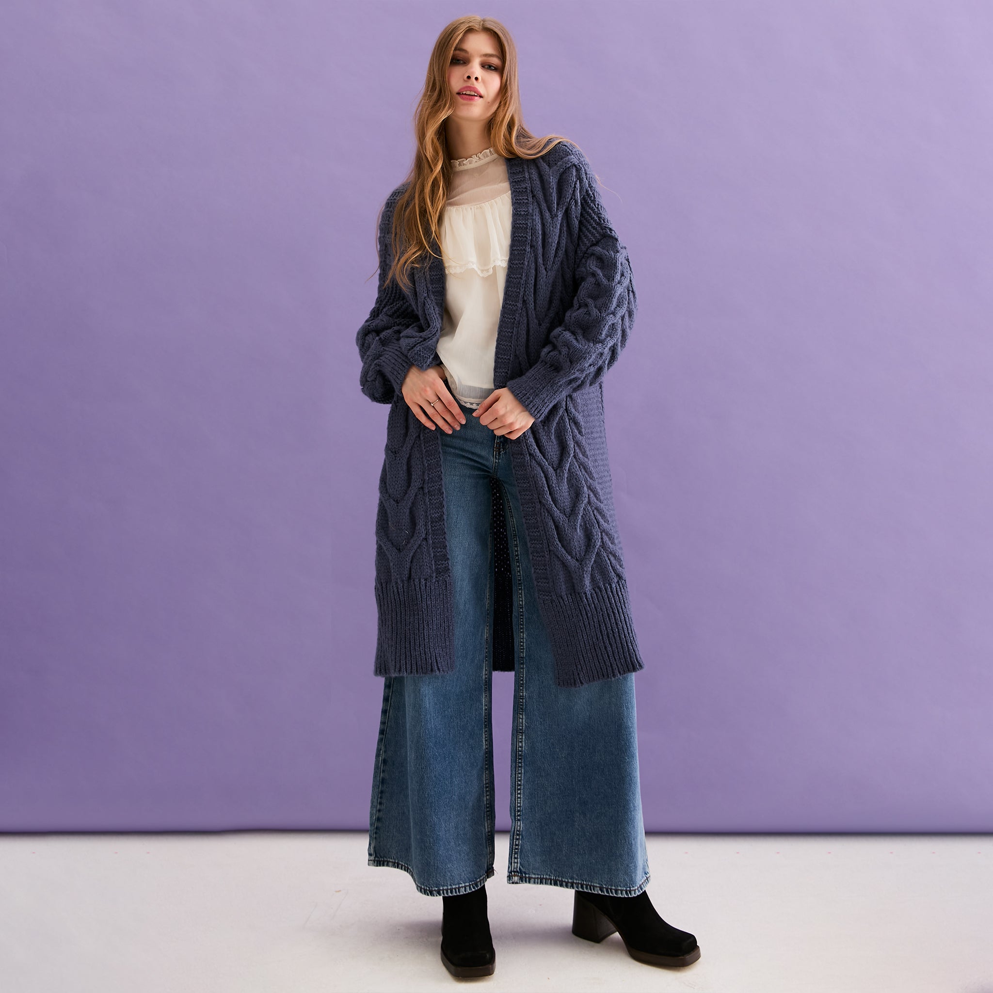 Cara & The Sky - Alex Cable Balloon Sleeve Maxi Cardigan - Denim,Cara & The Sky - Shopidpearl