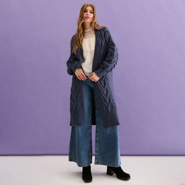 Cara & The Sky - Alex Cable Balloon Sleeve Maxi Cardigan - Denim,Cara & The Sky - Shopidpearl