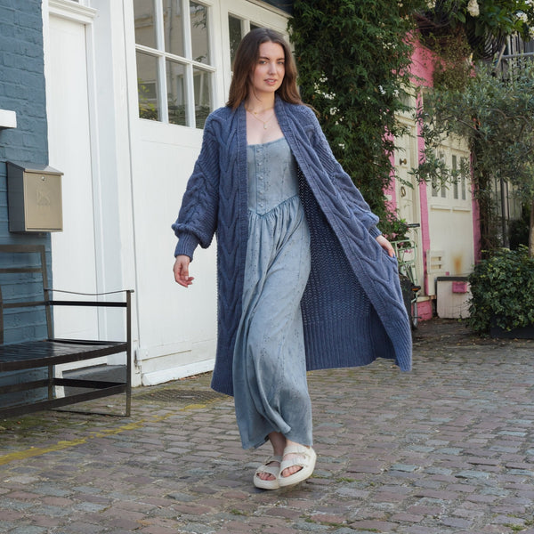 Cara & The Sky - Alex Cable Balloon Sleeve Maxi Cardigan - Denim,Cara & The Sky - Shopidpearl