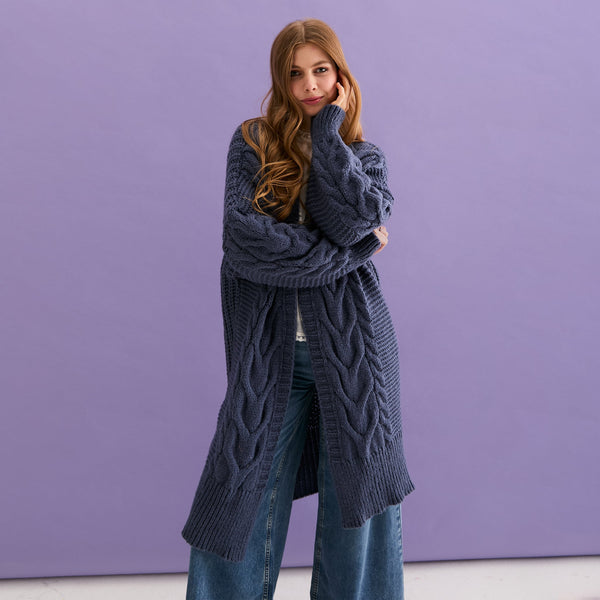Cara & The Sky - Alex Cable Balloon Sleeve Maxi Cardigan - Denim,Cara & The Sky - Shopidpearl
