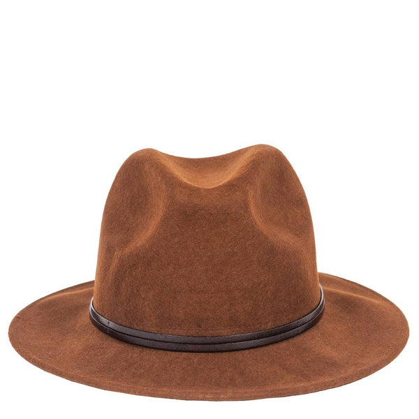 Brown wool felt fedora hat featuring a genuine leather trim, structured brim with subtle topstitching details.