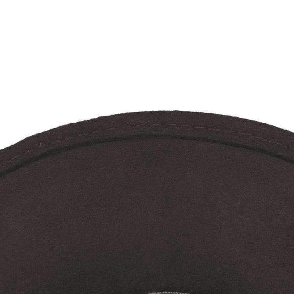 Black felt fedora hat featuring leather trim, showcasing a refined and structured design with impeccable stitching details.