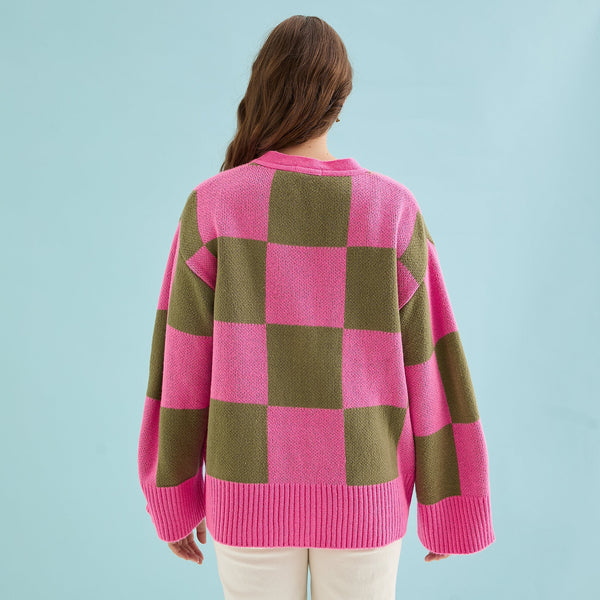 Cara & The Sky - Candice Wide Sleeve Checked Button Cardigan - Pink & Green,Cara & The Sky - Shopidpearl