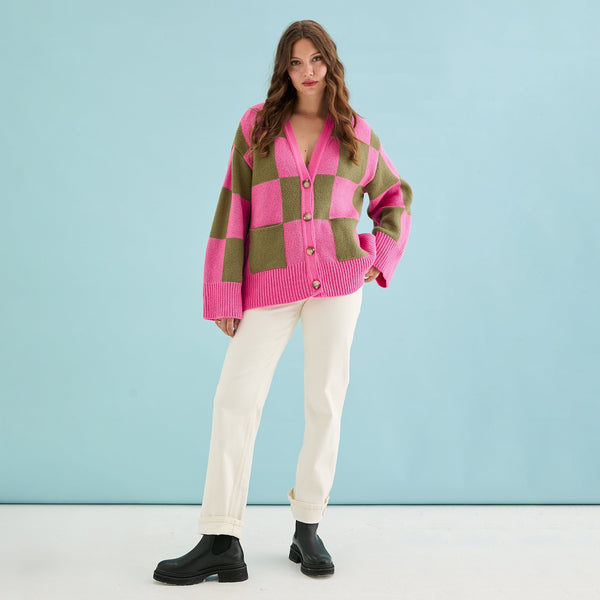 Cara & The Sky - Candice Wide Sleeve Checked Button Cardigan - Pink & Green,Cara & The Sky - Shopidpearl