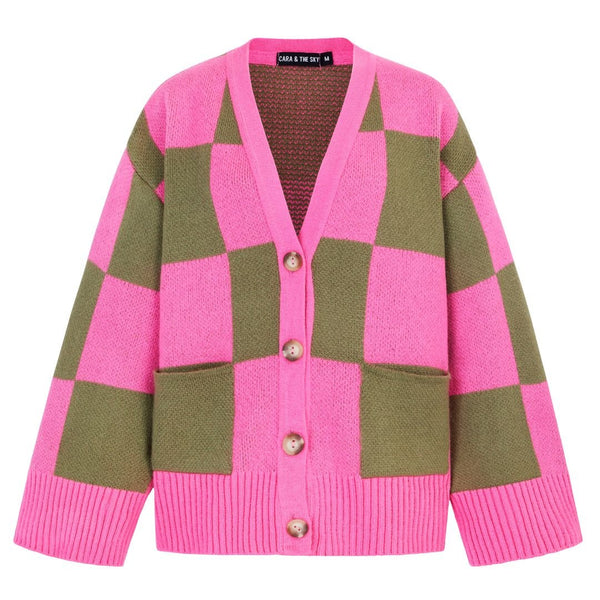 Cara & The Sky - Candice Wide Sleeve Checked Button Cardigan - Pink & Green,Cara & The Sky - Shopidpearl