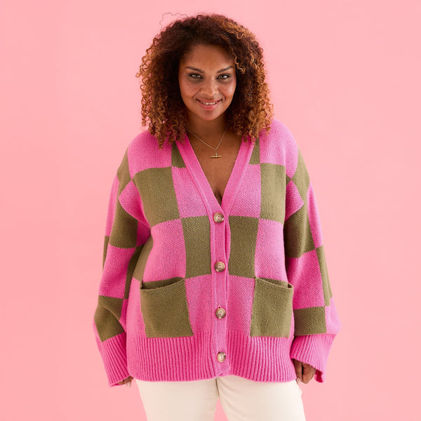 Cara & The Sky - Candice Wide Sleeve Checked Button Cardigan - Pink & Green,Cara & The Sky - Shopidpearl