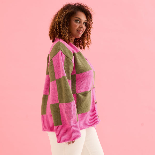 Cara & The Sky - Candice Wide Sleeve Checked Button Cardigan - Pink & Green,Cara & The Sky - Shopidpearl