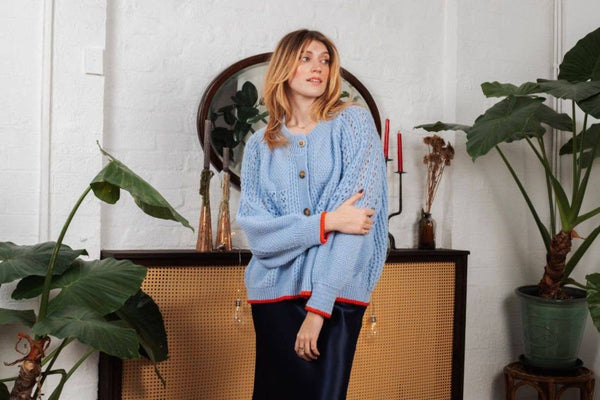 Cara & The Sky - Brigit Pointelle Stitch Balloon Sleeve Cardigan - Blue,Cara & The Sky - Shopidpearl