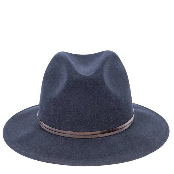 Navy blue wool felt fedora hat with a brown leather trim and structured brim, showcasing refined craftsmanship and style.
