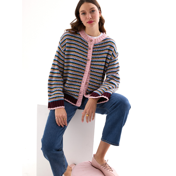 Clarisse Mini Stripe Burgundy Cardigan British Made Sweater