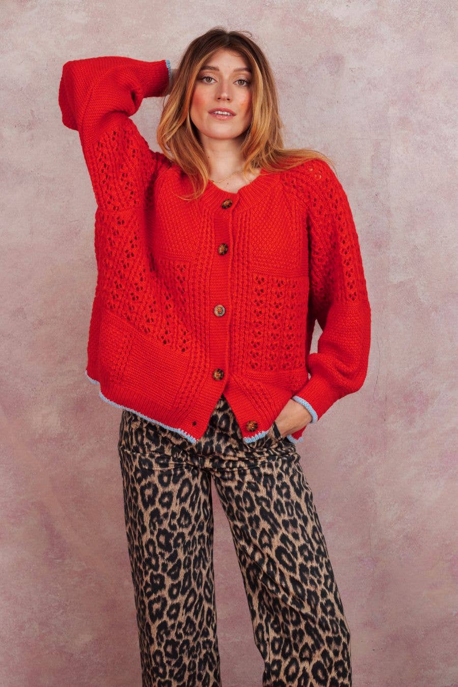 Cara & The Sky - Brigit Pointelle Stitch Balloon Sleeve Cardigan - Orange,Cara & The Sky - Shopidpearl