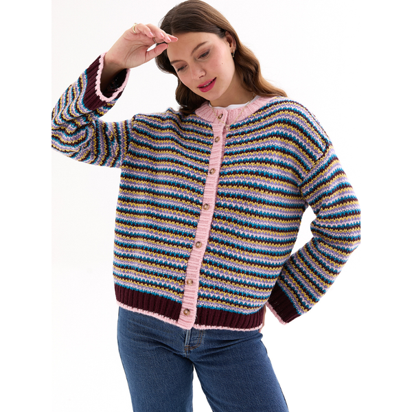 Clarisse Mini Stripe Burgundy Cardigan British Made Sweater