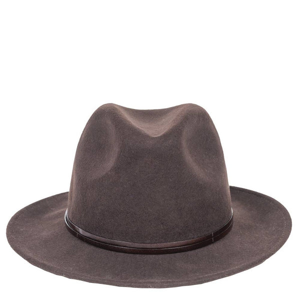 Brown felt fedora hat featuring a sleek leather trim, showcasing a structured design with a soft finish.