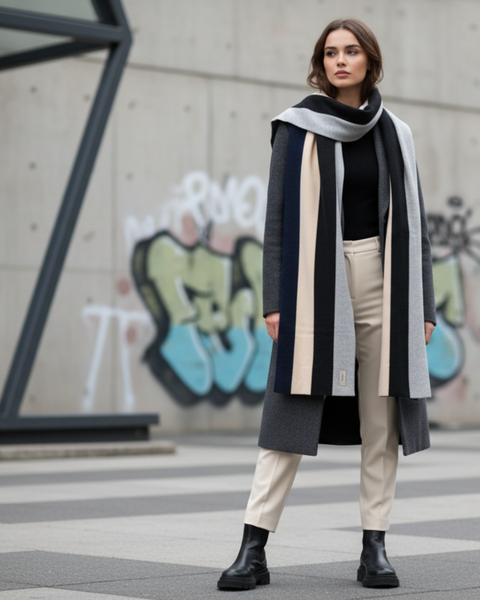 Woman wearing a long coat and scarf standing in an urban setting with graffiti on the wall.