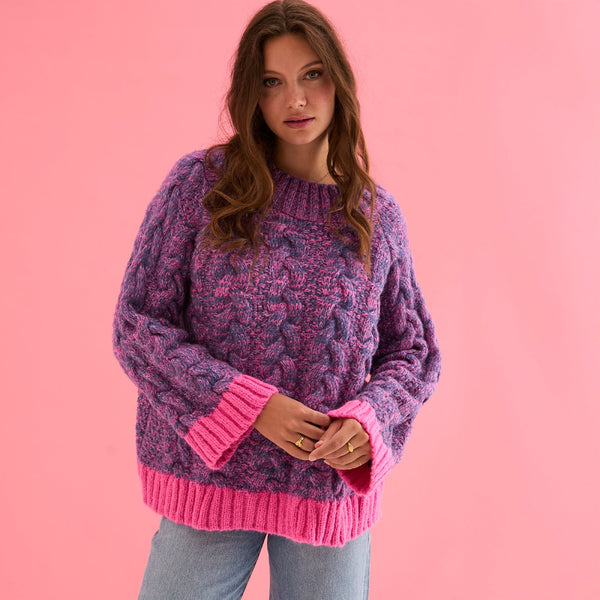 Cara & The Sky - Jennie Cable High Neck Balloon Sleeve Jumper - Denim,Cara & The Sky - Shopidpearl