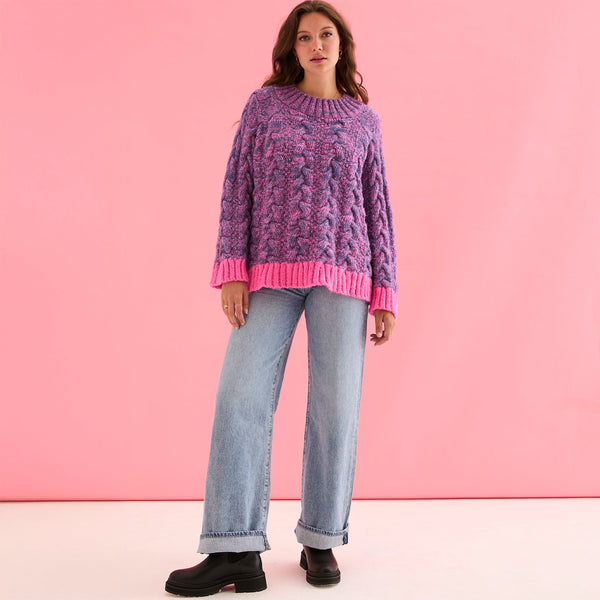 Cara & The Sky - Jennie Cable High Neck Balloon Sleeve Jumper - Denim,Cara & The Sky - Shopidpearl