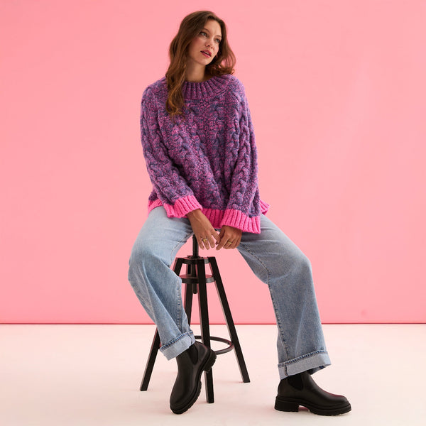 Cara & The Sky - Jennie Cable High Neck Balloon Sleeve Jumper - Denim,Cara & The Sky - Shopidpearl