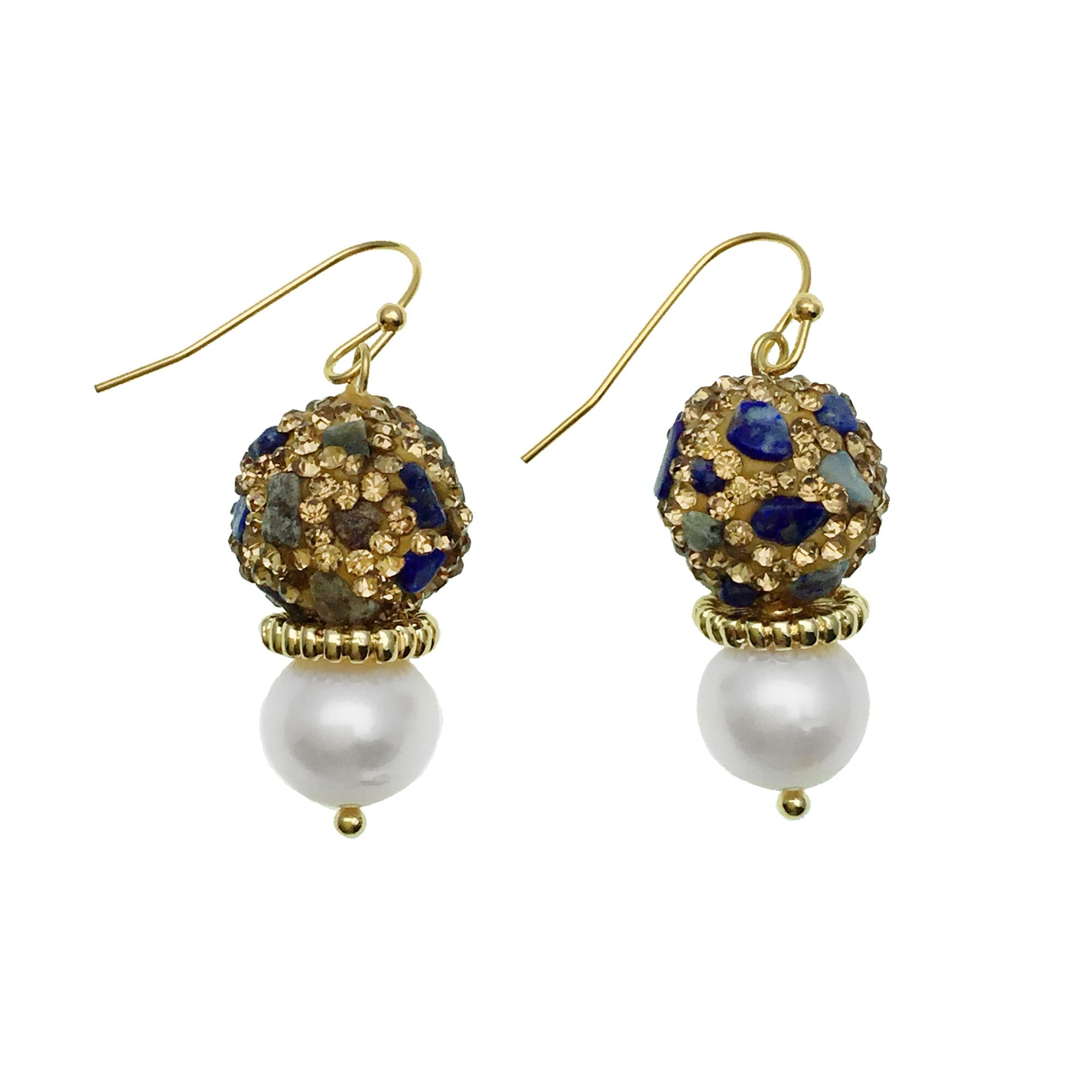 Lapis Lazuli Inlaid Gold Bead and Pearl Earrings - shop idPearl