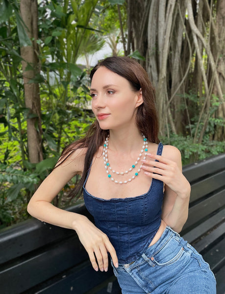 Long Pearl & Turquoise Necklace - shop idPearl