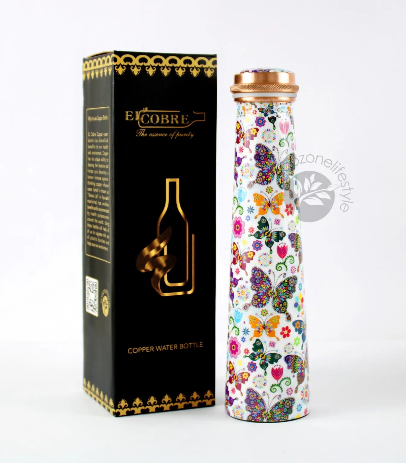 El'Cobre Floral Butterfly Printed Tower Copper Water Bottle - shop idPearl