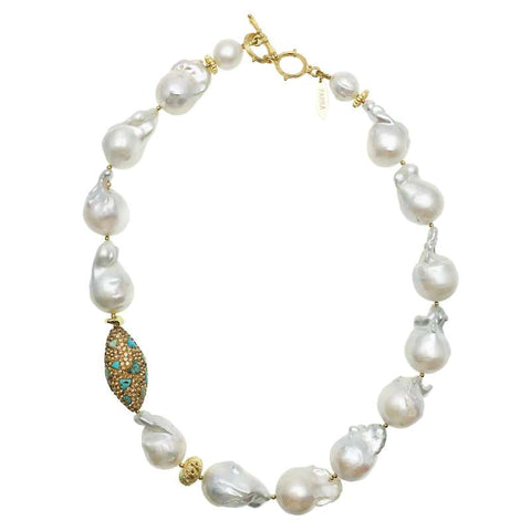 Baroque Pearl with Turquoise Inlaid Bead Necklace - shop idPearl