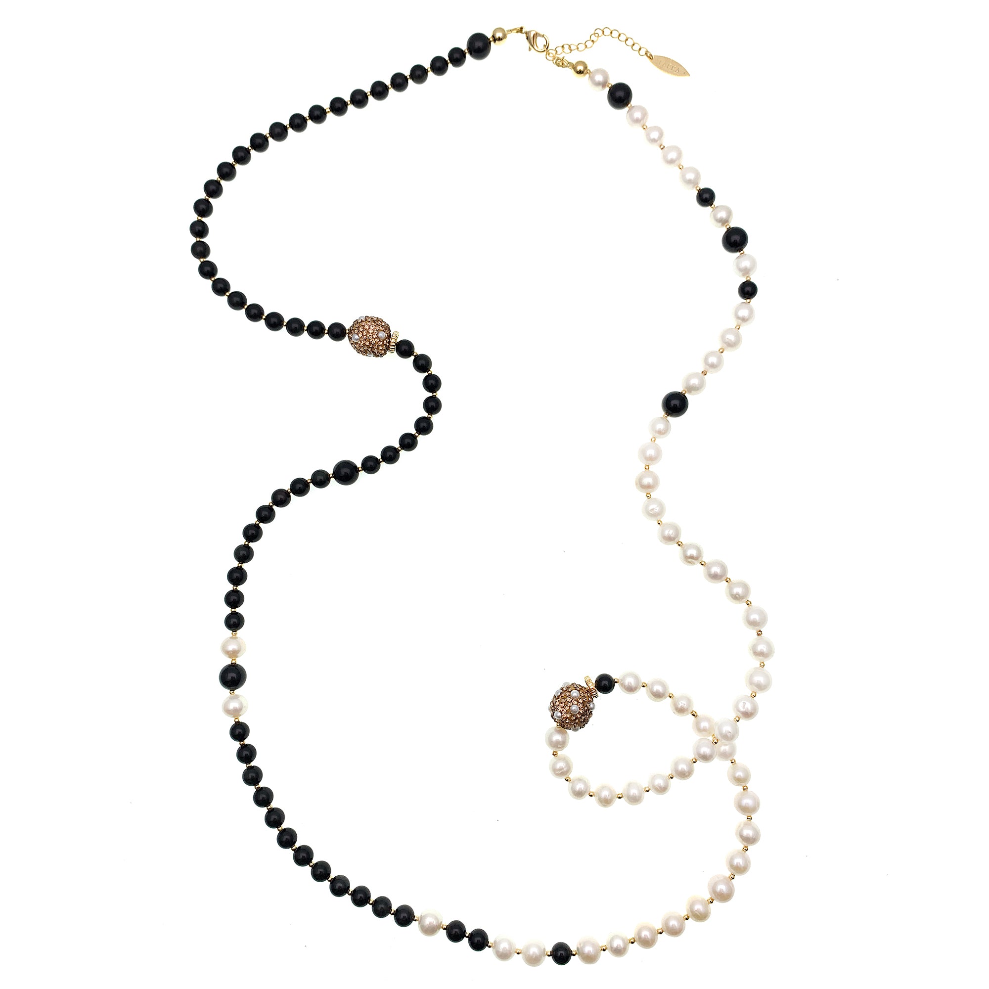 Farra Long Pearl and Obsidian Necklace - shop idPearl