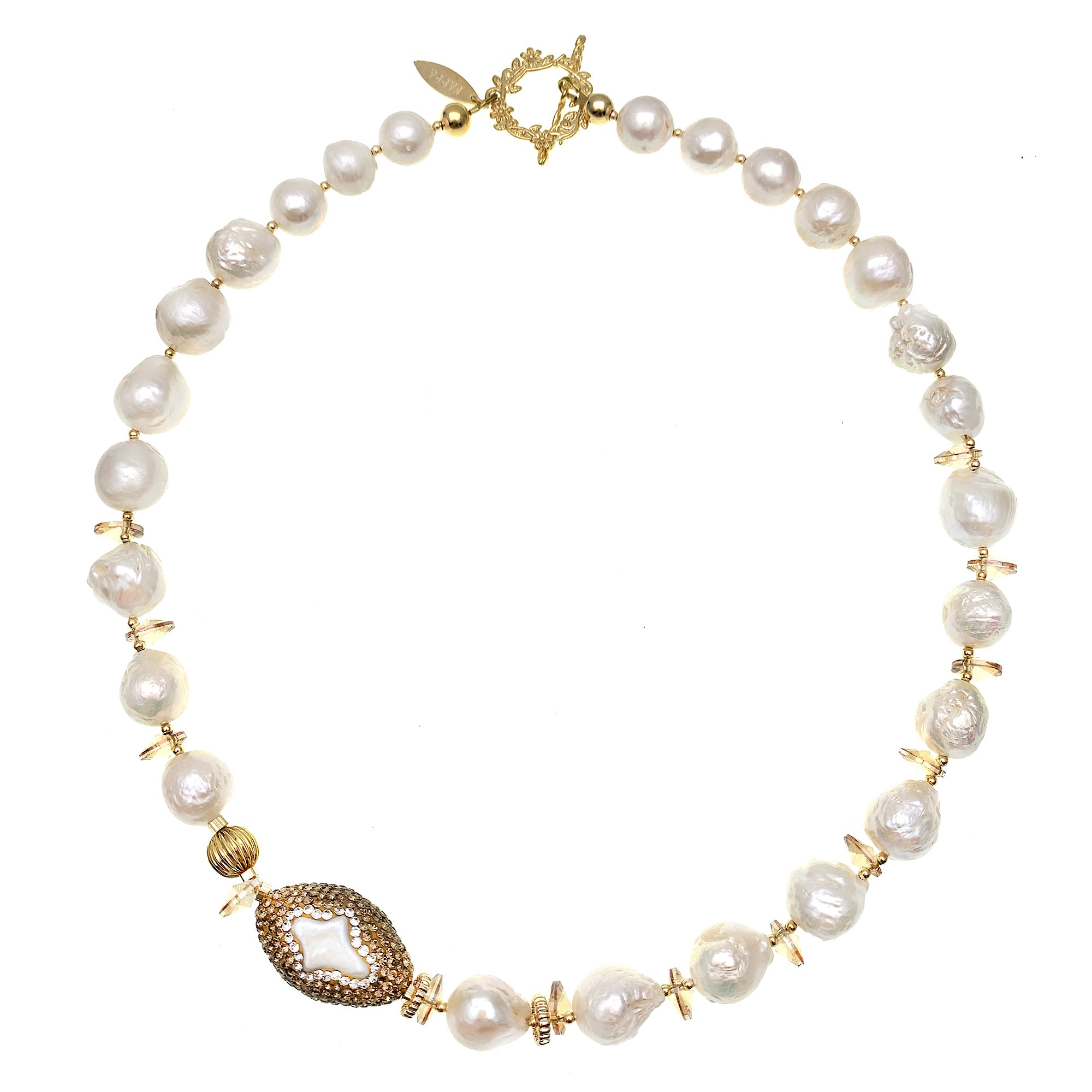 Farra White Pearl, Crystals and Pearl Charm Necklace,FARRA Jewelry - Shopidpearl