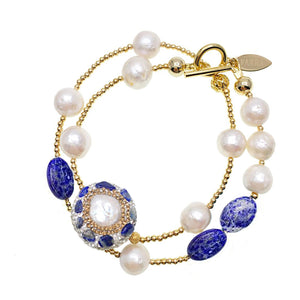 Farra Double Wrap Lapis Lazuli & Pearl Charm Bracelet - shop idPearl