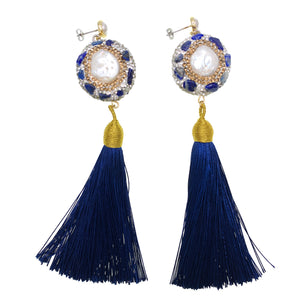 Lapis Lazuli, Pearl & Blue Tassel Earrings -shop idPearl