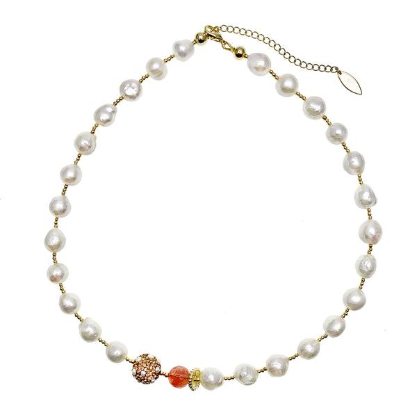 White Pearl & Watermelon Quartz Necklace - shop idPearl