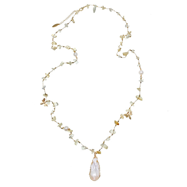 Long Citrine Nuggets & Baroque Pearl Necklace - shop idPearl