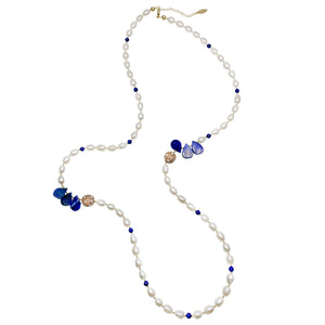 Long Pearl & Lapis Lazuli Teardrops Necklace - shop idPearl