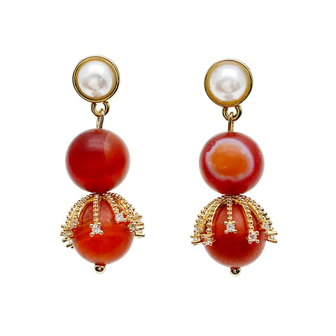 Farra Red Agate and Pearl Stud Earrings - shop idPearl